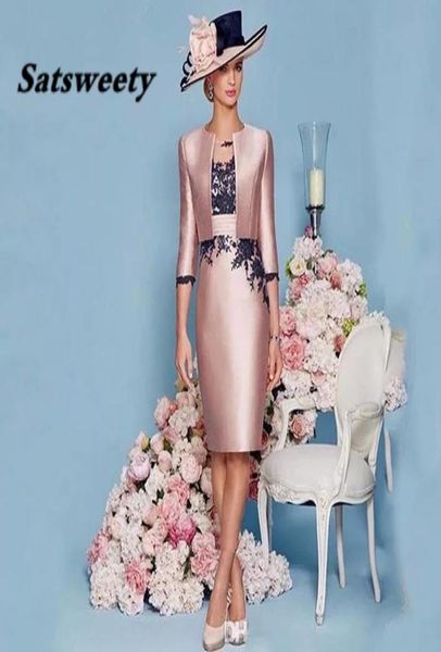 

2022 pink satin mother of the bride groom dresses 2 pieces with jacket lace kneelength formal evening party gowns5747632, Black;red