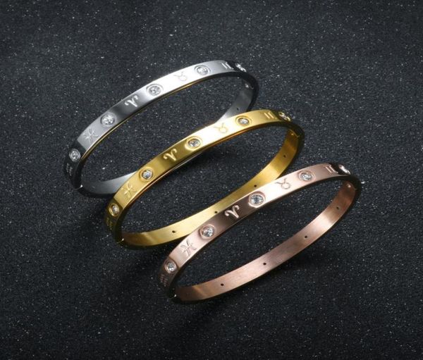 

bangle luxury 12 constellation bracelet women stainless steel lover bangles for men female fashion crystal wedding couple jewelry 6461639, Black