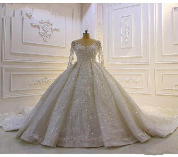 

real images luxury dubai long sleeves lace appliqued princess aline wedding dressa sparkly sequined beaded arabic bridal gown1775061, White