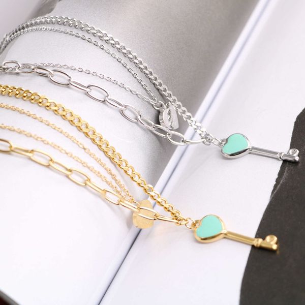 

designer new titanium steel 18k gold tiffay classic blue dropping oil key love double layer necklace women's fashion collar chain, Silver