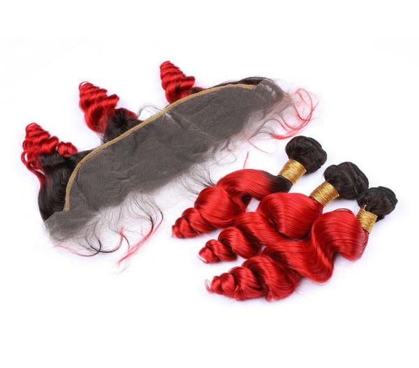 

dark roots loose curly 1b red hair 3bundles with frontal 13x4 ombre color red loose wave hair extension with frontal closure4254248, Black;brown