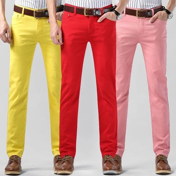 

men s jeans classic brand men red yellow fashion casual style slim fit soft trousers male advanced stretch pants 230715, Blue