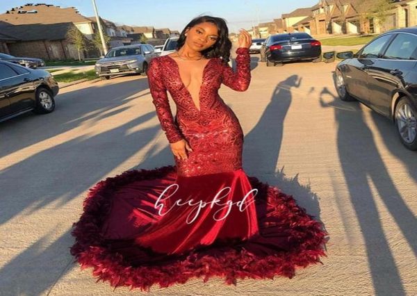 

burgundy red mermaid feather prom dresses deep vneck long sleeve sequined velet long evening gowns african girls party robes7982283, Black