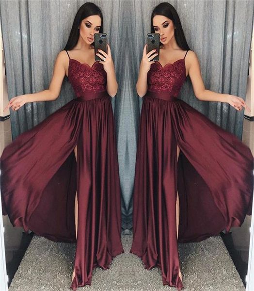 

2019 maroon spaghetti straps prom dresses lace appliques a line side split elastic stain like silk formal occasion evening dr3083172, Black
