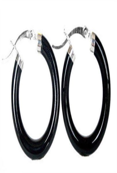 

new fashion black agate onyx 925 sterling silver snap closure hoop earrings9133486