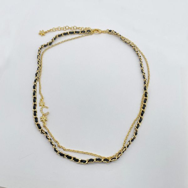 

2023 luxury quality charm double lines pendant necklace with diamond and black genuine leather have box stamp ps7302b, Golden