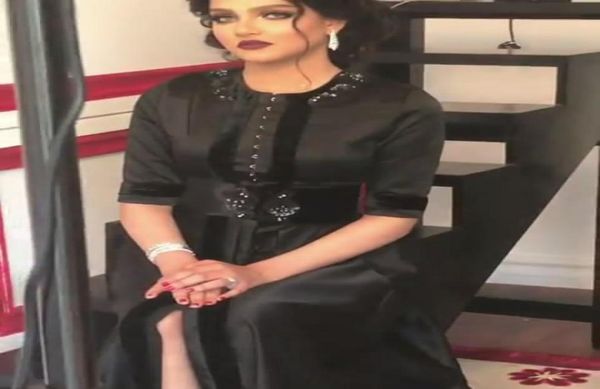 

2017 black evening dresses beaded crew neckline velvet ribbon over soft satin a line gowns with 12 half long sleeves2746604, Black;red