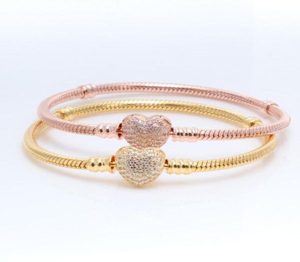 

18k yellow gold plated cz diamond heart bracelets original box set for 925 silver chain bracelet for women wedding jewelry1293897, Golden;silver