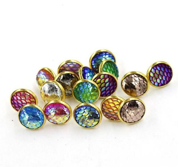 

fashion drusy druzy earrings gold plated 12mm round resin mermaid fishdragon scale stud earrings for women lady jewelry7905845, Golden;silver