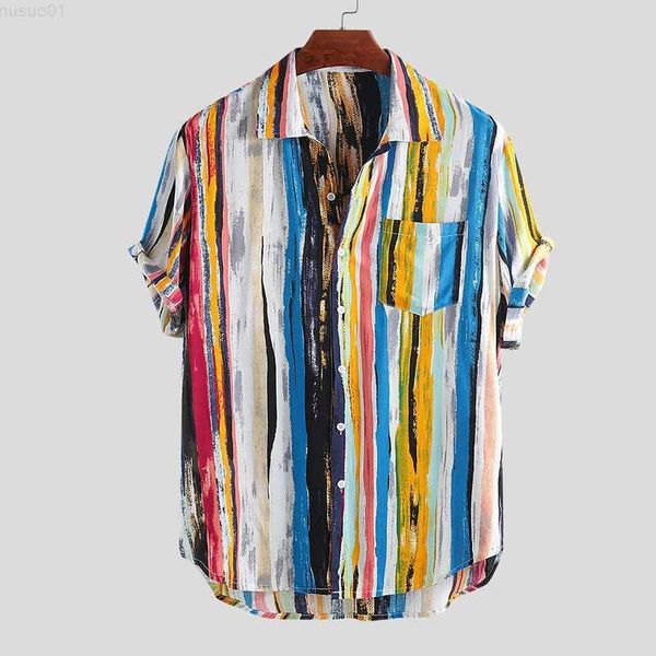 

men's casual shirts 2023 summer men cotton stripe shirt short sleeve beach print shirts casual ins loose breathable haiian male clothi, White;black