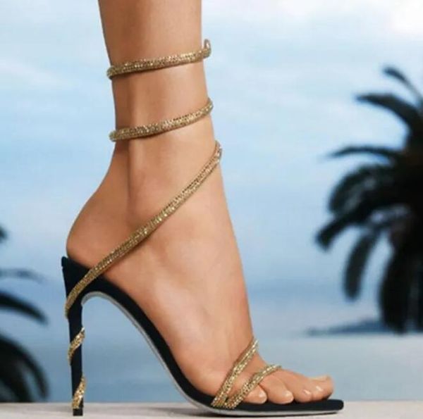 

high heel sandals women's strass shoes ankle wrap high hee wedding crystal encrusted snake luxury designer fashion 9.5cm r with box, Black