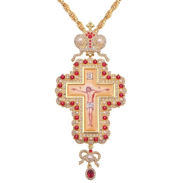 

whole hop 120cm long necklace pearl crystal cross necklace gold color orthodox pectoral enamel bishop encolpion cross for bish6209253, Silver