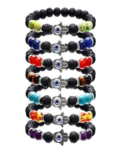 

hamsa hand of fatim charm lava rock beads bracelets for women men evil blue eye essential oil diffuser 7 chakra stone diy jewelry5039275, Black