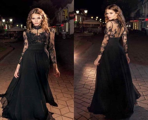 

2019 modern black prom dresses illusion long sleeves high collar lace chiffon evening party wear modern formal vestidos1431409