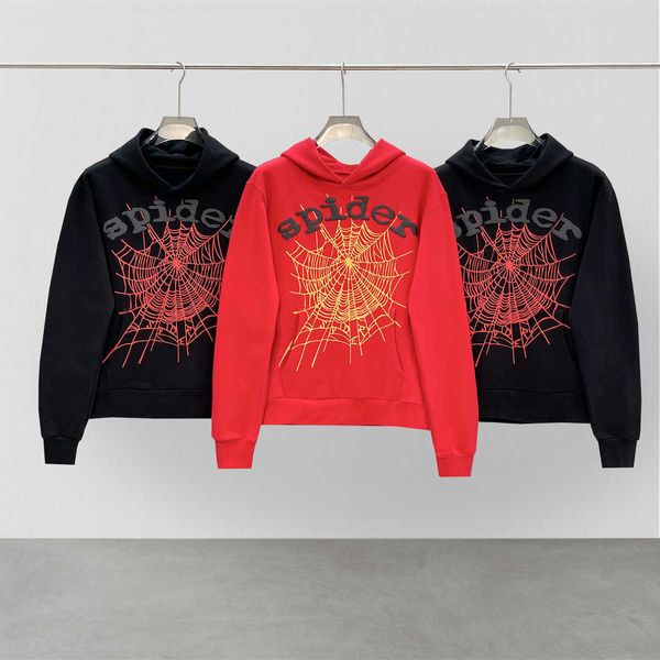 

hoodies american high street high street spider web 555 foam technology high version men's and women's terry hooded sweater casual, Black