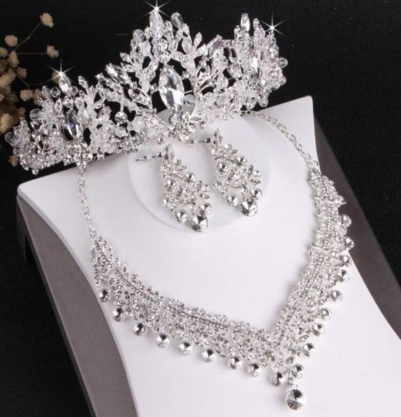 

bridal gown headpieces selling highend wedding crown necklace and earrings threepiece set white crystal inlaid with rhines3203232, Silver