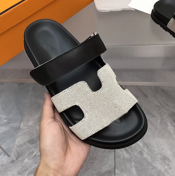 

one line thick sole womens slippers for external wear 2023 summer new fashion hook&loop flat bottomed beach slippers mens shoes couple sanda, Black