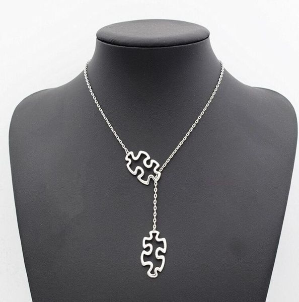

fashion tibetan silver autism jewelry awareness jigsaw double puzzle piece pendant adjustable necklace gifts2332426