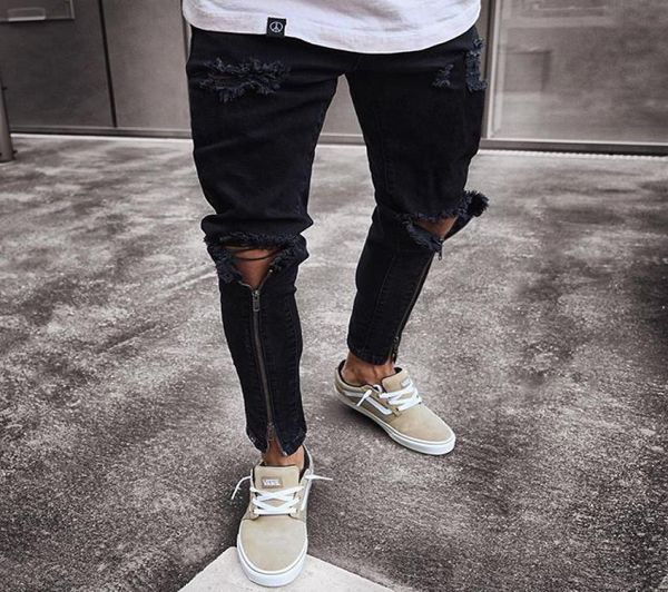 

men039s jeans slimfit zipper ripped narrowleg pants trendy trousers tightfitting denim9591183, Blue
