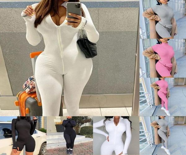 

turtleneck knit rib bodycon fitness playsuit sportswear long sleeve zipper body embroidery lucky label rompers womens jumpsuit t201519859, Black;white