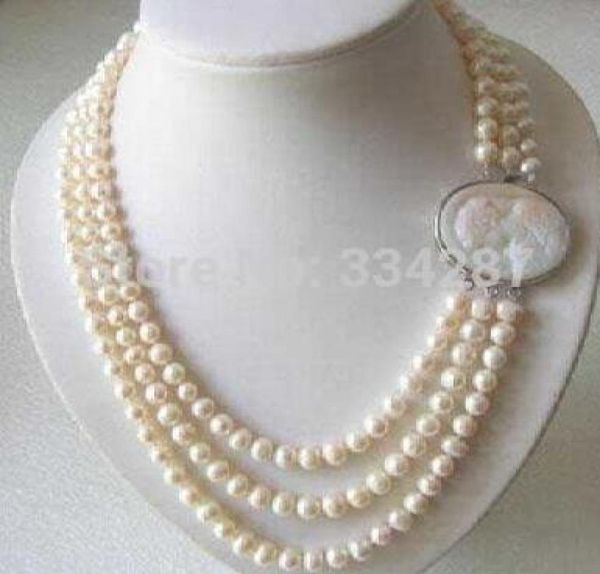 

genuine 3 rows 78mm freshwater pearl necklace cameo clasp011062860, Silver