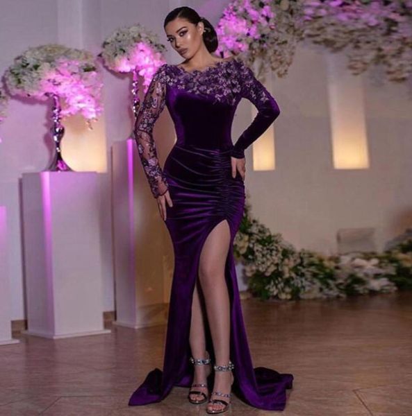 

charming long sleeve purple velvet evening dress side split mermaid prom gown for formal occasions custom made2213702, Black;red