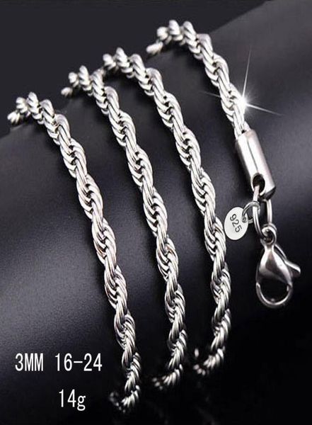

925 sterling silver rope chains necklace 3mm 1630 inch pretty fashion charm ed chain necklace jewelry for men women diy new 1065269