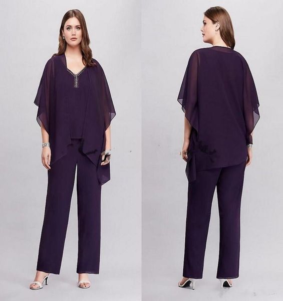 

purple three pieces flowy plus size pantsuit with asymmetrical jacket 2018 new custom make mother of the bride groom pant suit gow9703251, Black;red