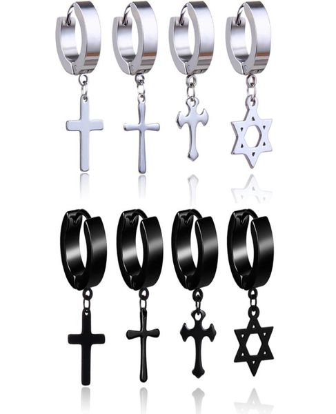 

hypoallergenic stainless steel cross star dangle earrings men punk fake piercing clip on hoop earrings for women fashion jewelry g3922129, Silver