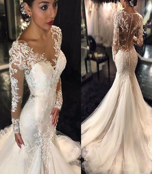 

trumpetmermaid vneck long sleeves lace court train tulle applique lace wedding dresses illusion back back bridal dress with pick1246331, White