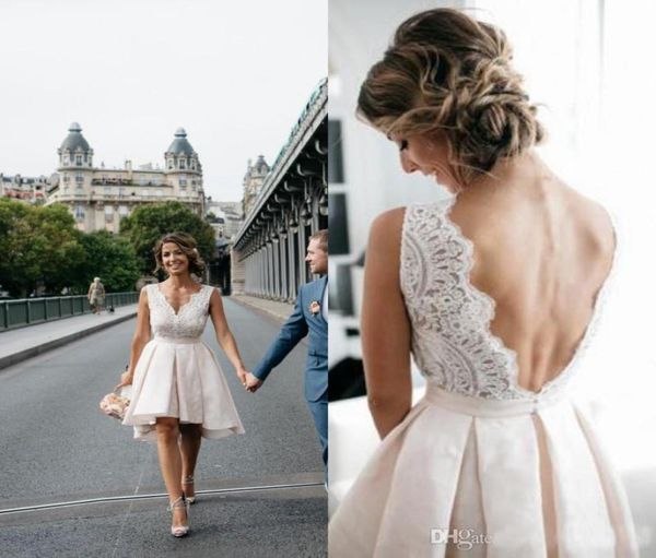 

aline short wedding dress kneelength lace appliques backless bridal gown satin vneck wedding dresses custom made7508430, White