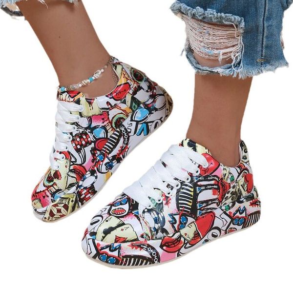 

women's casual sneakers fashion new painted graffiti lace up sports shoes for men flat pu leather ladies running shoes, Black