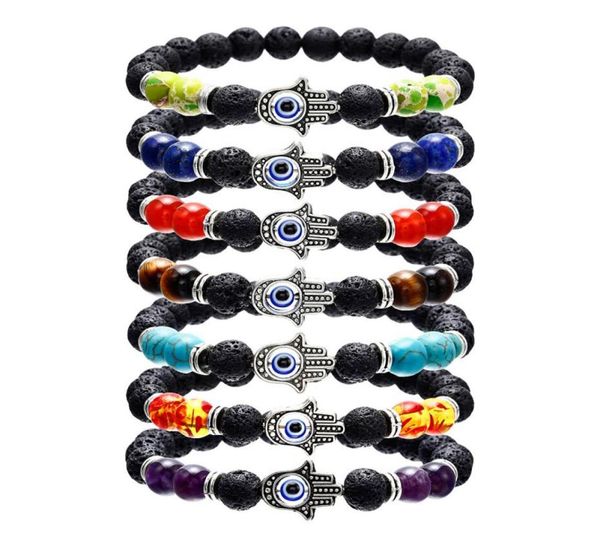 

hamsa hand of fatim charm lava rock beads bracelets for women men evil blue eye essential oil diffuser 7 chakra stone diy jewelry7159988, Black