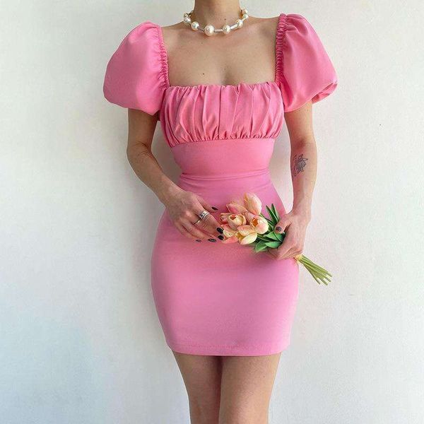 

summer elegant style slim puff sleeve bare back tied dress, Black;gray