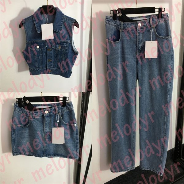 

fashion denim pants set denim skirts fashion short style sleeveless jacket designer metal letter high waist jeans, White