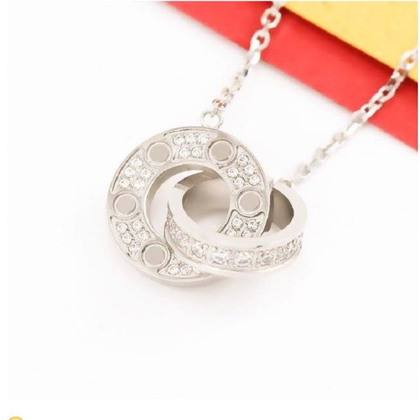 

couples love pendant necklace for him and her mens necklace gold women stainless steel double ring full cz two rows diamond pendant wedding, Silver