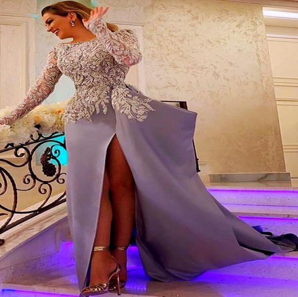 

2021 plus size arabic aso ebi lace beaded prom dresses high split long sleeves evening formal party second reception gowns zj5970820, Black