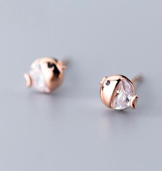 

100 925 sterling silver earring cute crystal fish 1x1cm tiny stud earrings for women girl jewelry anti allergy contracted gift2902047, Golden;silver