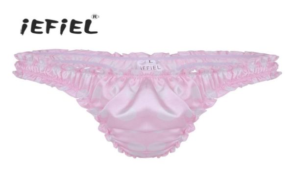 

mens lingerie soft satin polka dot shiny ruffled frilly sissy underwear high cut low rise bikini briefs thong gay panties3235541, Black;white