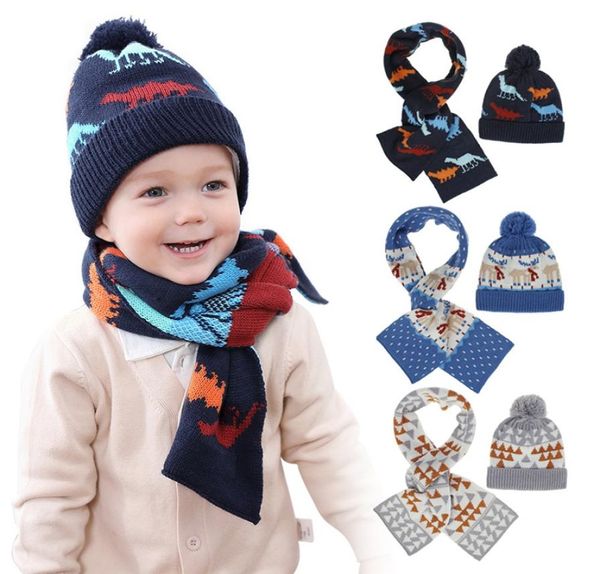 

dhl 5 colors ins baby kids boys girls caps beanies with scraf 2pieces set dinosaur christmas desginers winter children scrave6610129, Yellow