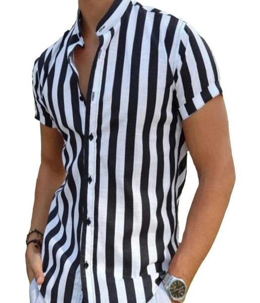 

men039s casual shirts fashion stand collar oversized mens vintage black white striped summer 90 cotton short sleeve shirt for 6830321, White;black
