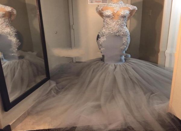 

gorgeous grey lace dresses evening wear illusion long sleeves see though mermaid prom dress pageant runway fashion 9935595, Black;red