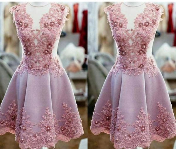 

romantic blush pink sheer neck homecoming prom dress short cap short sleeve beaded lace applique party graduation cocktail d6662348, Blue;pink