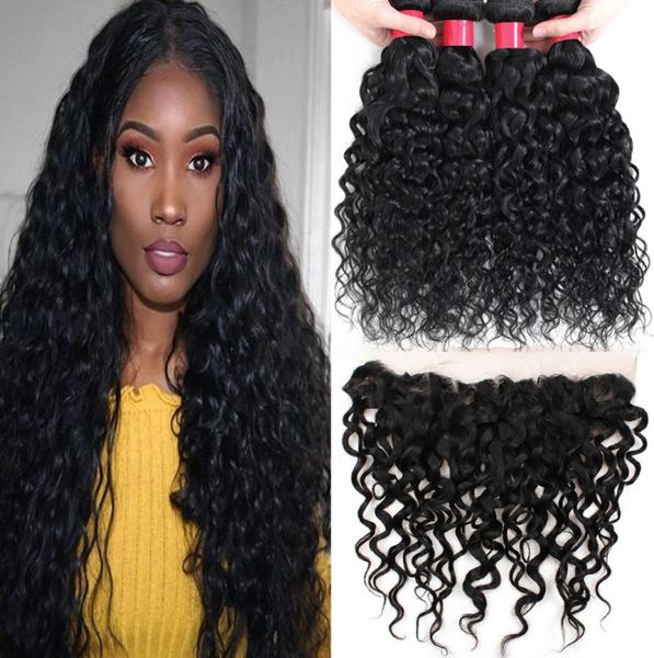 

9a brazilian virgin hair bundles with frontal water wave 3bundles with ear to ear lace frontal human hair bundles with 13x4 lace c3518896, Black