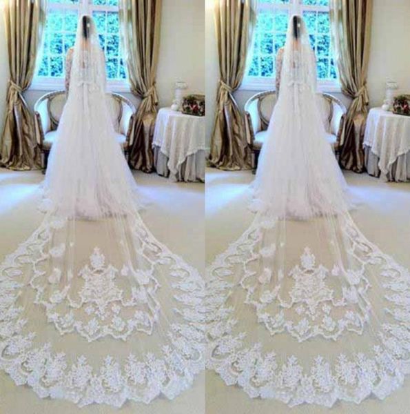 

custom made white lace wedding veils 2016 from eifflebride with embellished gorgeous applique about 3 meter cathedral long bridal 1814479, Black