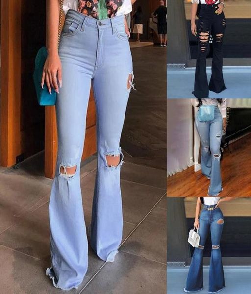 

fashion flare jeans pants women retro ripped jeans wide leg denim trousers ladies casual bellbottoms flare pant female 2020 1303669, Blue