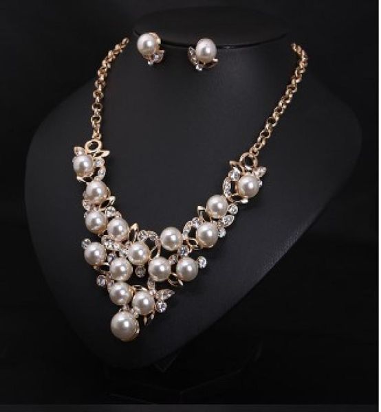 

womens party wedding jewellery sets elegant silver gold plated faux pearl crystal collar necklace earrings set2823304, Golden;silver