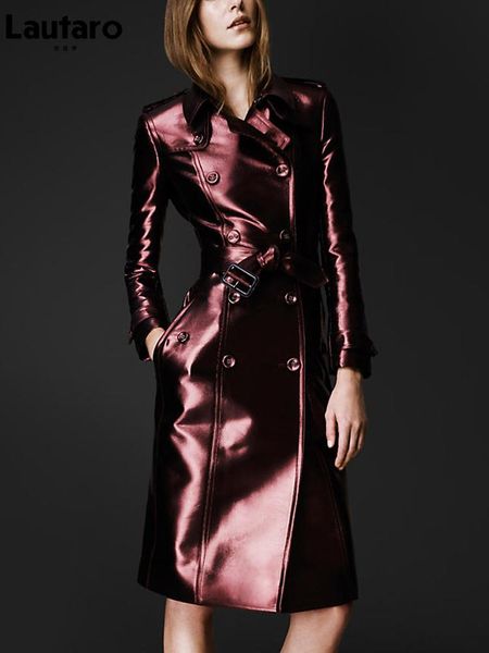 

jackets lautaro spring autumn long shiny reflective patent leather trench coat for women belt double breasted cool european fashion 2022, Black;brown