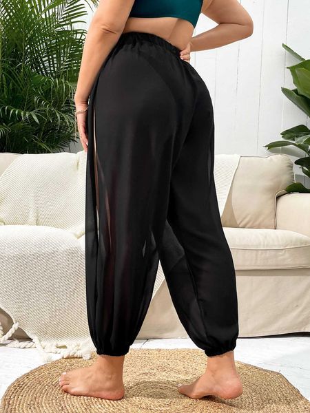 

women's plus solid split side cover up pants, Black
