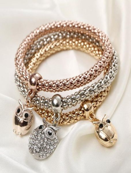 

wholefashion 3pcsset crystal bead bracelet women gold plated crystal owl bangles jewellery elastic charm gifts pulseira femi6582371, Golden;silver